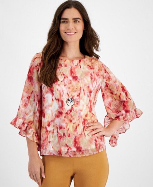 Women's Texture Garden Printed Ruffled Necklace Top, Created for Macy's