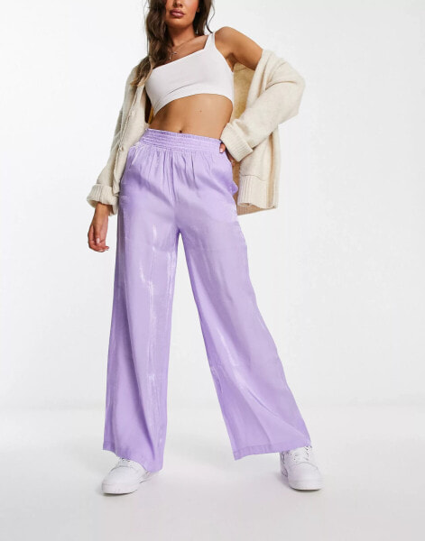 Monki metallic straight leg trousers in lilac