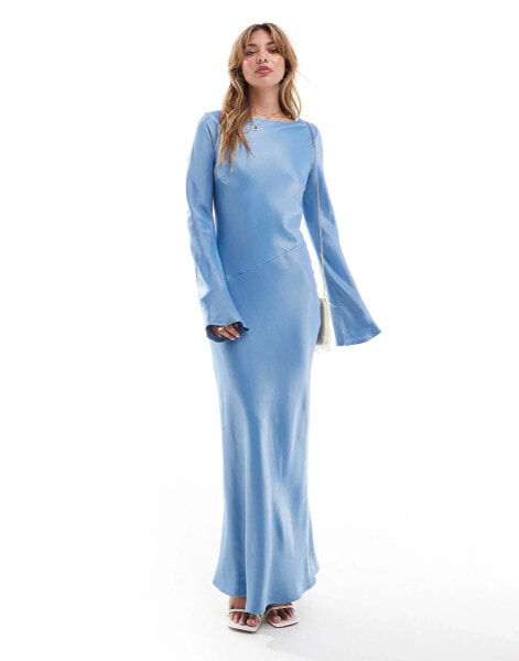 ASOS DESIGN satin maxi dress with angel sleeves in blue