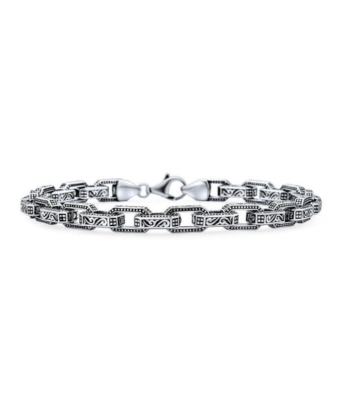 Men's Unisex Thick Heavy Solid Byzantine Scroll Design Chunky Strong Rectangle Link Chain Bracelet Oxidized Sterling Silver Made in Turkey 8" Inch