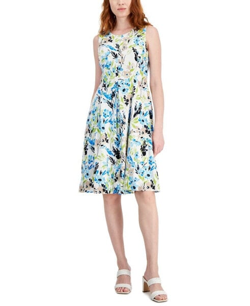 Women's Linen-Blend Printed Sleeveless Flared-Skirt Dress