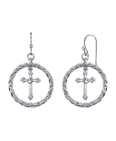 Silver Tone Suspended Cross Hoop Drop Earrings