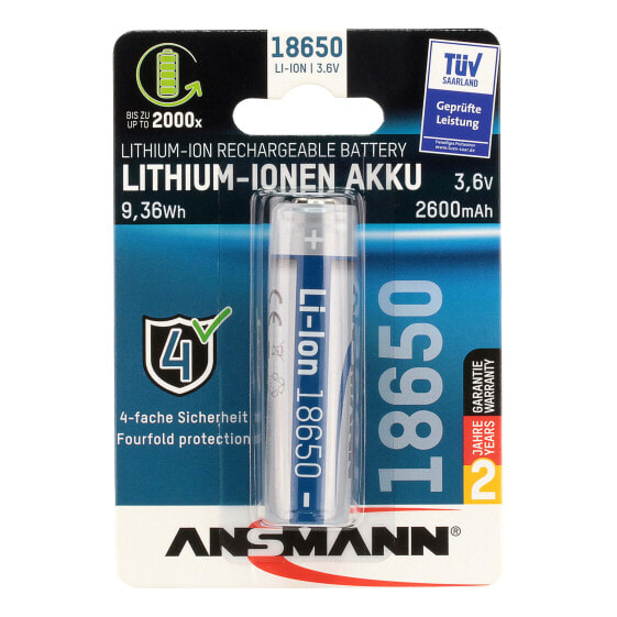 Ansmann Li-Ion Akku 18650 - Rechargeable battery - Lithium-Ion (Li-Ion) - 3.6 V - 2600 mAh - 9.36 Wh - Silver