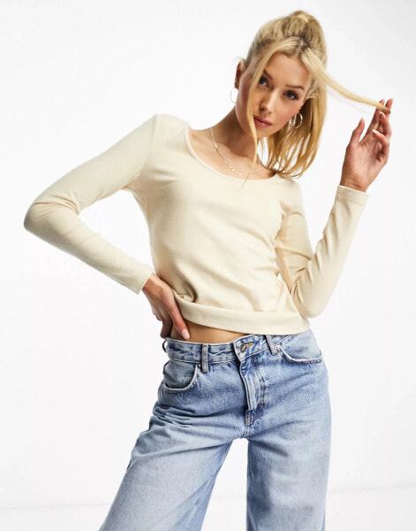 Urban Revivo scoop neck long sleeve top in stone