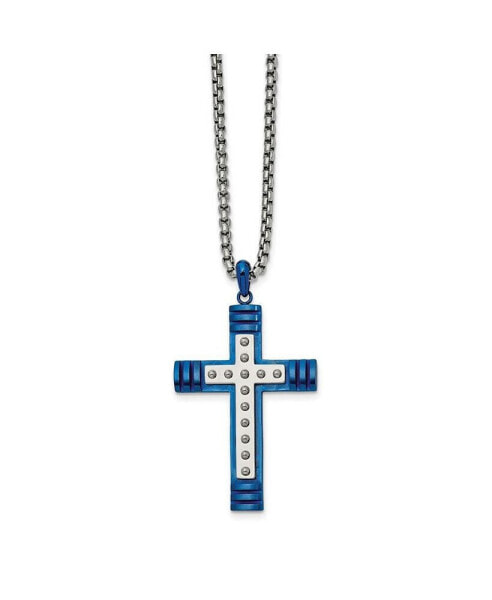 Chisel polished Blue IP-plated Cross Pendant on a Box Chain Necklace