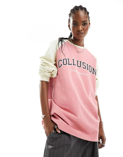 COLLUSION long sleeve varsity spliced sweat in multi