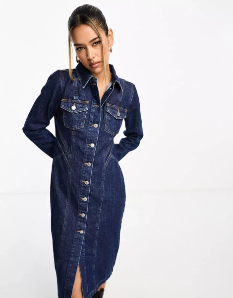 River Island long sleeve seamed denim midi dress in dark blue