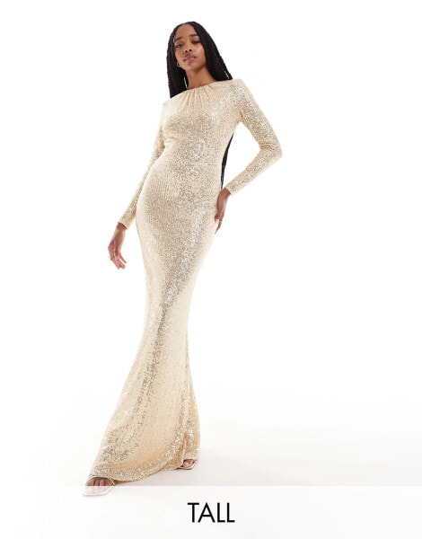 Jaded Rose Tall long sleeve sequin maxi dress in gold