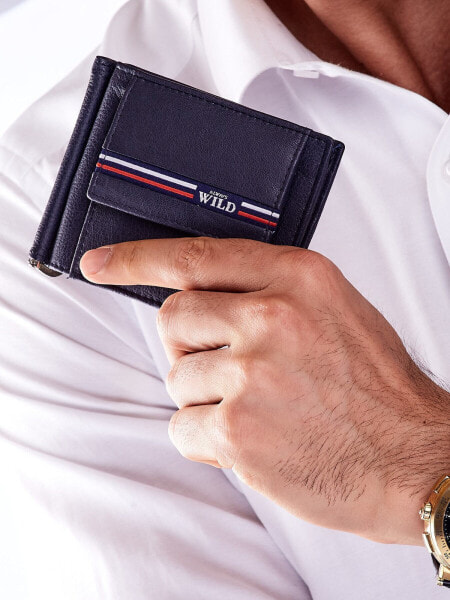 Мужской кошелек с зажимом для денег кожаный  синий горизонтальный без застежки Portfel-CE-PR-N569-GV.84-niebieski Factory Price