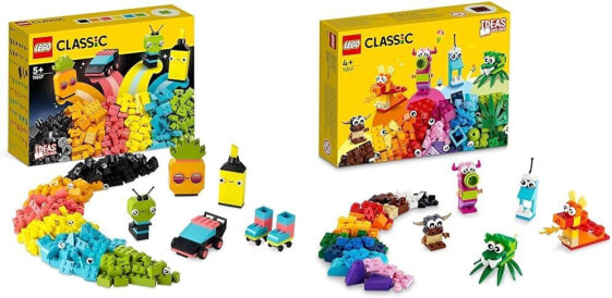 LEGO Classic Neon Kreativ-Bauset, Bausteine-Kiste Set & Classic Kreative Monster Kreativ-Set Steinen, Box mit Bausteinen für Kinder ab 4 Jahre, Konstruktionsspielzeug 11017