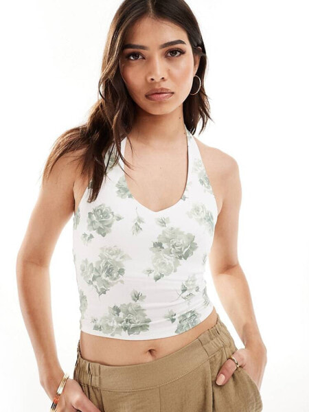 Hollister  v-neck halter top in green floral print with support bra