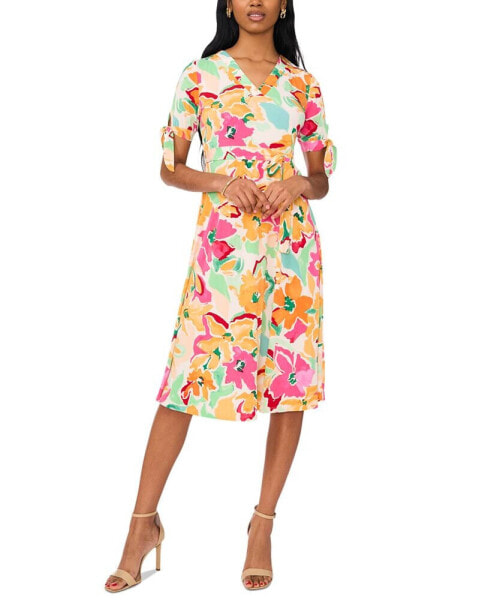 Petite Floral Print Tie-Sleeve Midi Dress