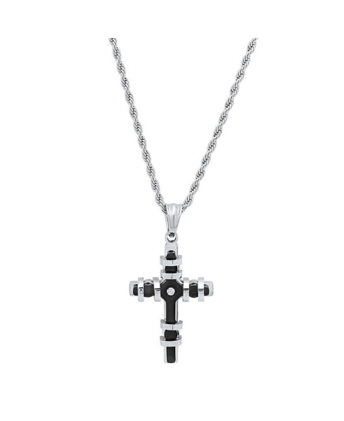 Men's Two Toned black IP Plated Stainless Steel Cross Pendant with Simulated Diamond Necklaces