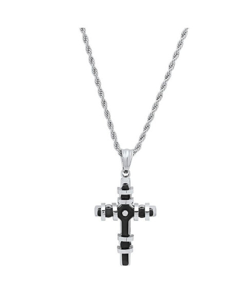 STEELTIME men's Two Toned black IP Plated Stainless Steel Cross Pendant with Simulated Diamond Necklaces