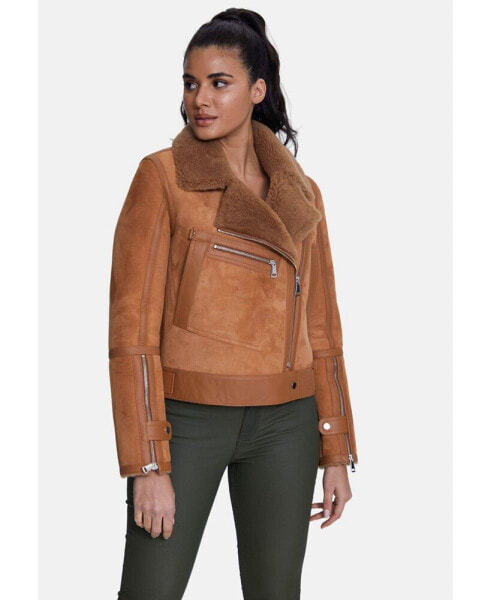 Women's Elegant Suede Jacket, Suede Brick With Camel Curly Wool