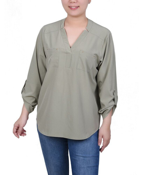 Petite Roll Tab Sleeve Blouse with Pockets