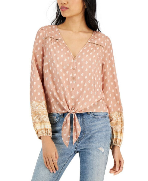 Juniors' Floral-Print Tie-Hem Top