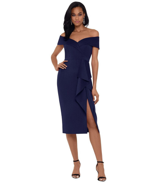 Xscape 291516 Short Scuba Off The Shoulder Dress with Ruffle Midnight 6