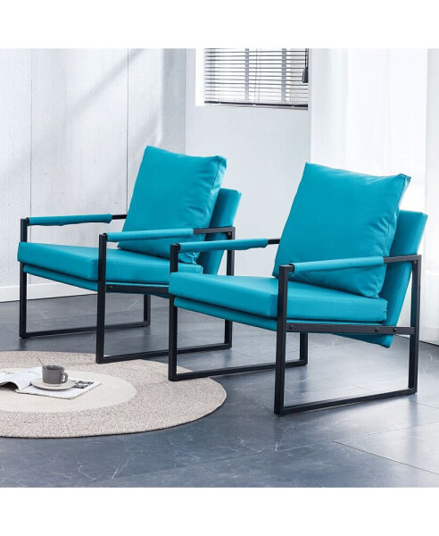 2-Piece Set Of Sofa Chairs. PU Leather Armchair Medieval Modern Upholstered Armchair With Metal Frame, Super Thick Upholstered Backrest And Cushion Sofa, For Living Room (Cyan PU Leather+Metal+Foam)00