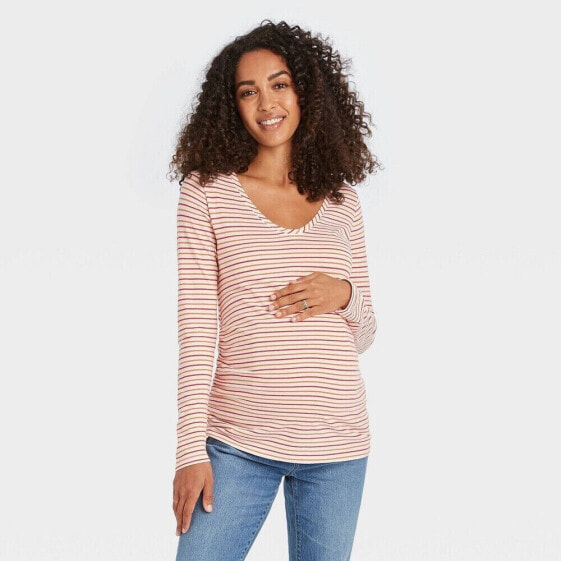 Isabel Maternity by Ingrid & Isabel Striped Long Sleeve Scoop Shirred T-Shirt XS