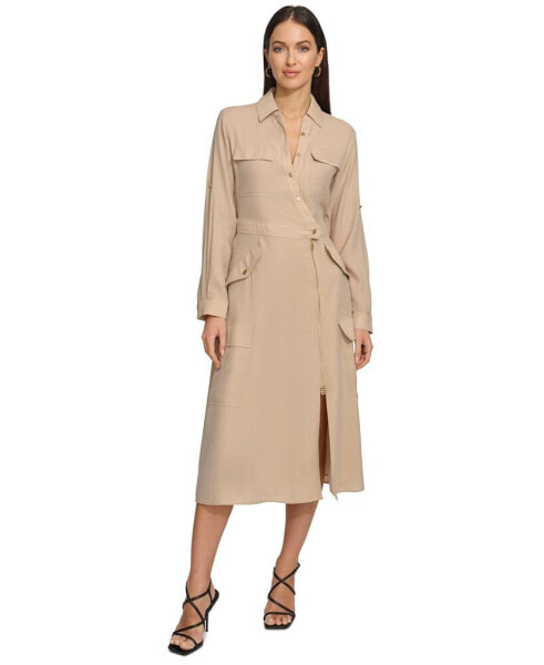 Women's Long-Sleeve Silky Cargo Midi Dress