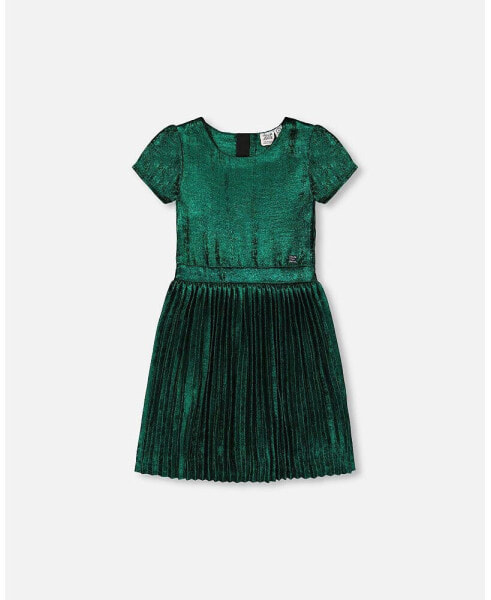 Big Girls Short Sleeve Dress With Pleated Skirt Metallic Green