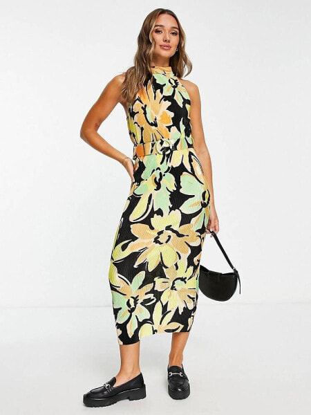 ASOS DESIGN plisse sleeveless high neck midi with belt in black and lime floral