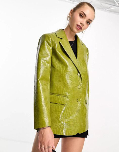 Miss Selfridge croc faux leather oversized blazer in olive