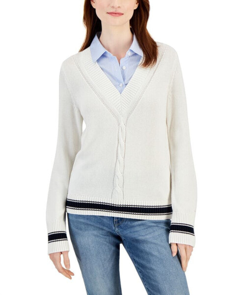 Women's Cable-Knit Contrast-Trim V-Neck Sweater