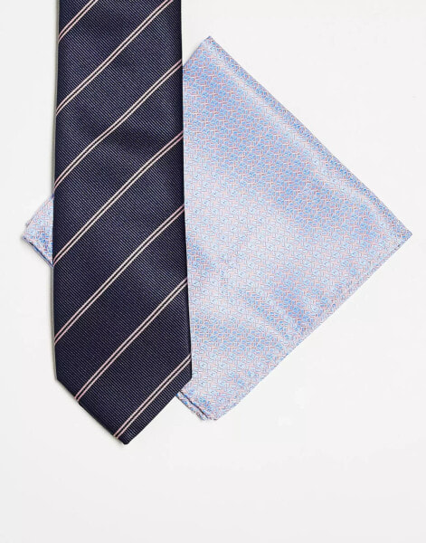 Jack & Jones tie and pocket square in navy and pink