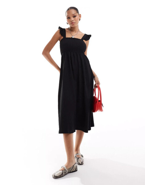 Pieces textured jersey frill strap maxi dress in black