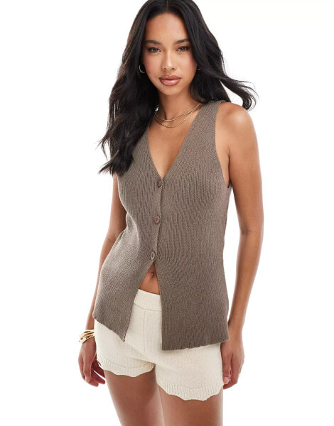 ASOS DESIGN knitted longline v waistcoat in dark taupe