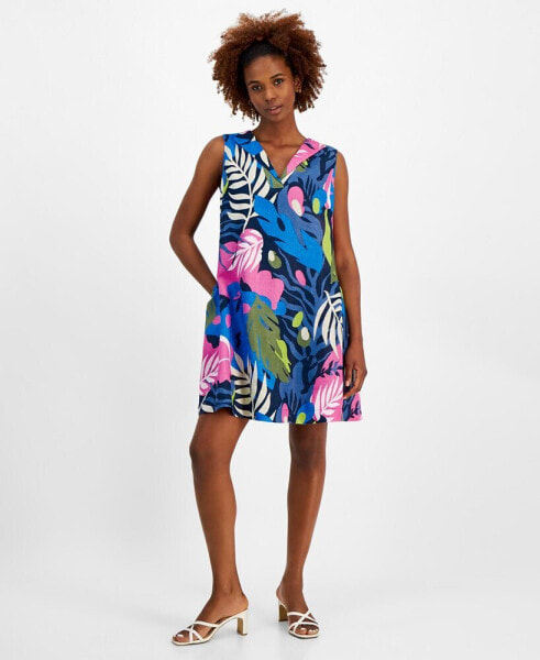 Women's 100% Linen Palm-Print Dress, Created for Macy's
