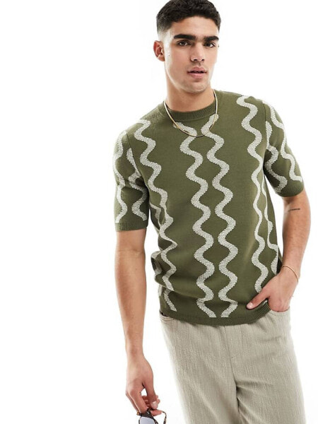 ASOS DESIGN knitted crew neck t-shirt in textured khaki wiggle pattern