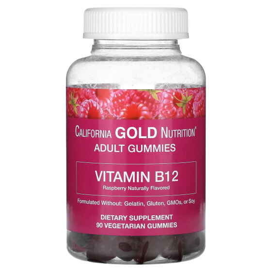 California Gold Nutrition, жевательный витамин B12, с натуральным малиновым вкусом, без желатина, 1500 мкг, 90 жевательных таблеток