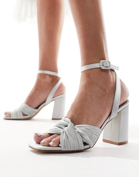 Be Mine Bridal Exclusive Snuggle plisse block heeled sandals in frosty silver satin