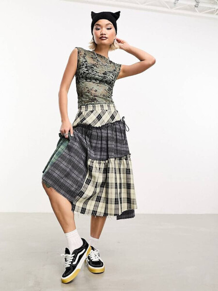 COLLUSION deconstructed gathered panel mixed check midi skirt