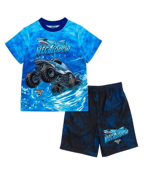 Toddler Boys Pullover Pajama Shirt and Shorts Sleep Set to Grave Digger El Toro Loco Megalodon