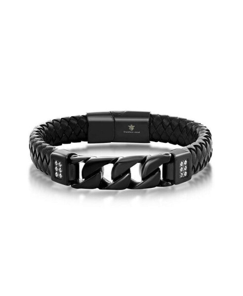 Stainless Steel Genuine Leather Curb Link CZ Bracelet