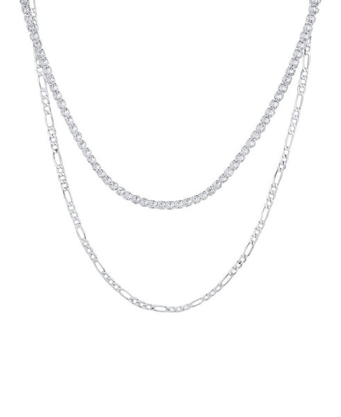Double Row Chain with Cubic Zirconia Tennis Necklace and Clip Chain Necklace