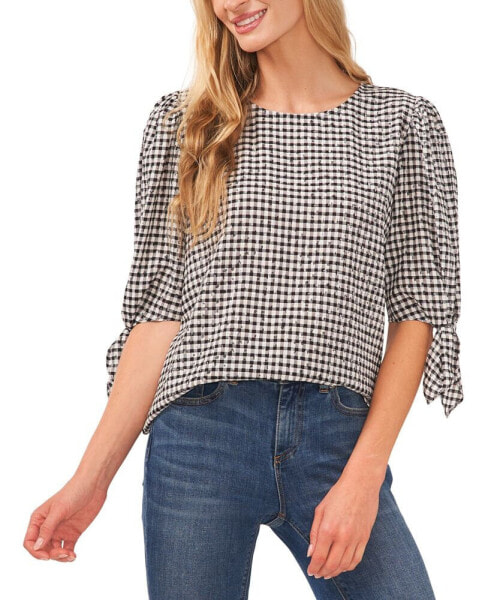 Women's Gingham 3/4 Tie-Sleeve Crew Neck Blouse