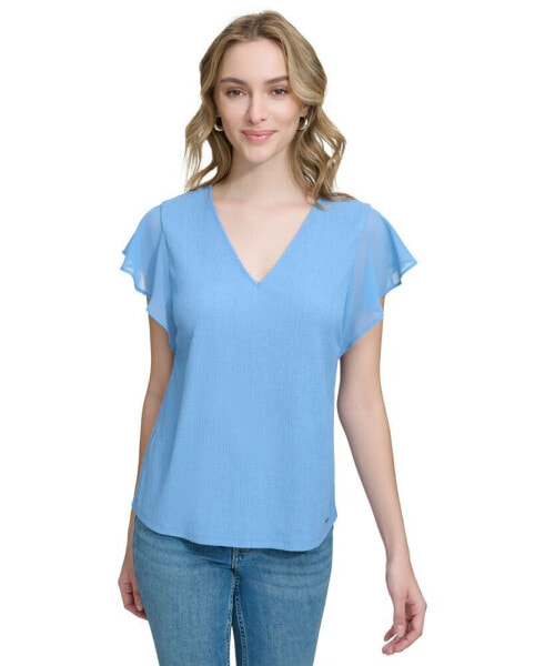 Women's Chiffon-Sleeve Crinkle V-Neck Top