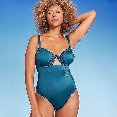 Women's Shirred Cup Underwire High Leg One Piece Swimsuit - Shade & Shore Blue
