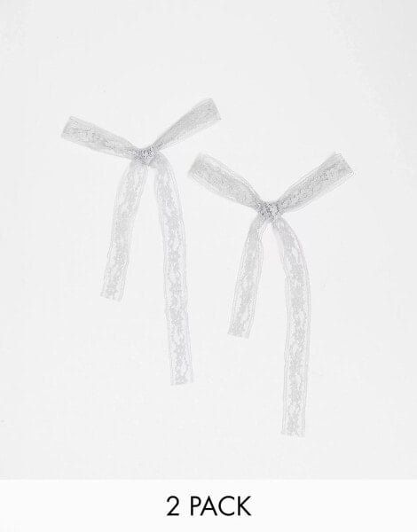 DesignB London pack of 2 broderie hair bow ribbons in pale blue