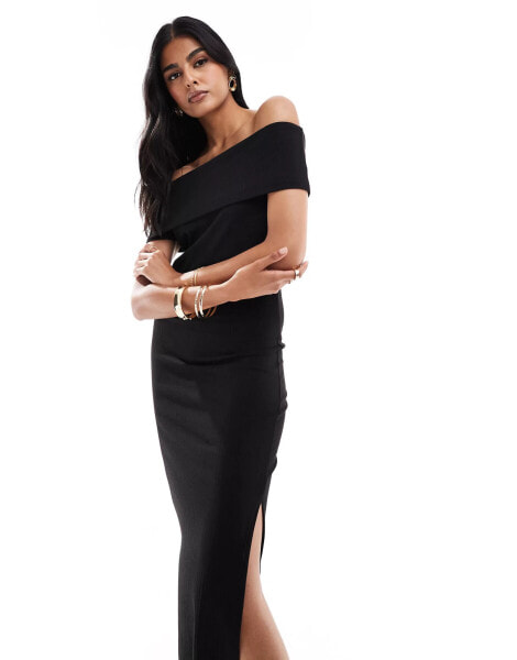 Pieces jersey off shoulder ribbed maxi dress in black