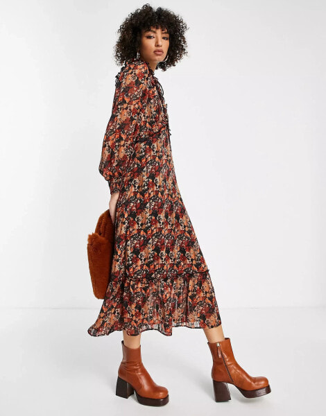 Topshop autumnal floral tie front midi dress in multi