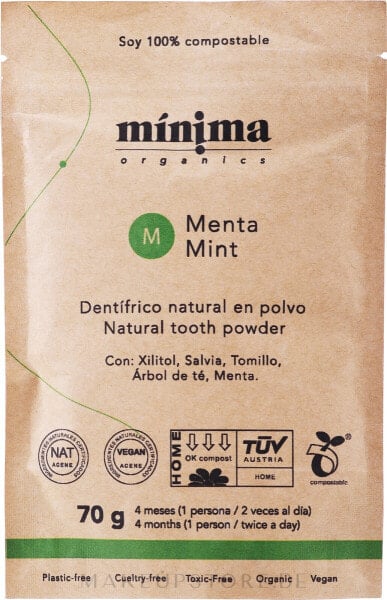 Natürliches Zahnpulver mit Minze in kompostierbarer Papiertüte - Minima Organics Natural Tooth Powder 70 g