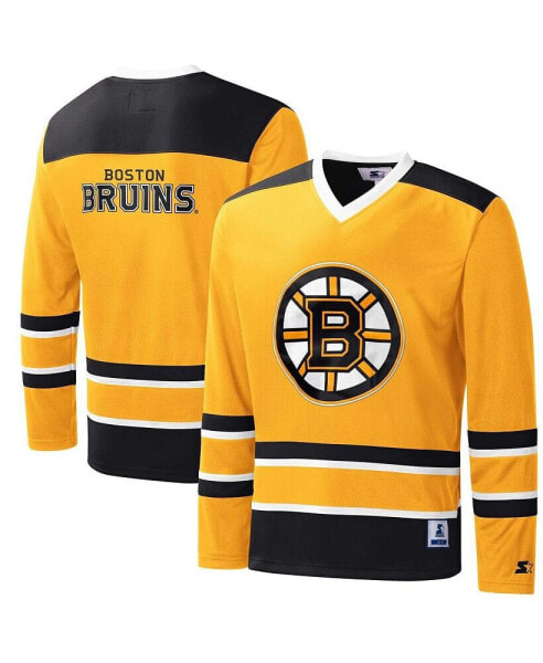 Men's Gold, Black Boston Bruins Cross Check Jersey V-Neck Long Sleeve T-shirt