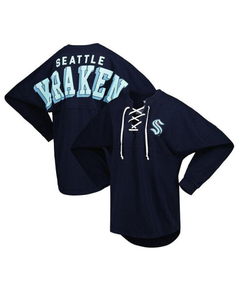 Women's Deep Sea Blue Seattle Kraken Spirit Lace-Up V-Neck Long Sleeve Jersey T-shirt
