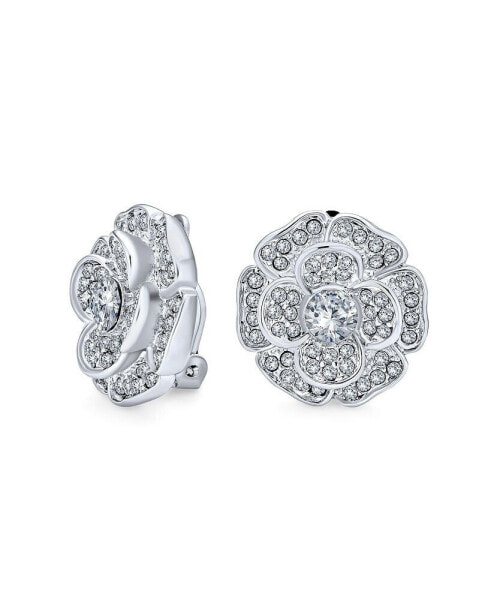 Elegant Bridal Cubic Zirconia Pave CZ 3D Flower Rose Clip On Earrings For Women Mother Wedding Prom Formal Party Non Pierced Ears